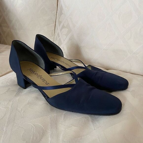YSL Yves Saint Laurent 90s Blue Satin Block Heels - Picture 16 of 16